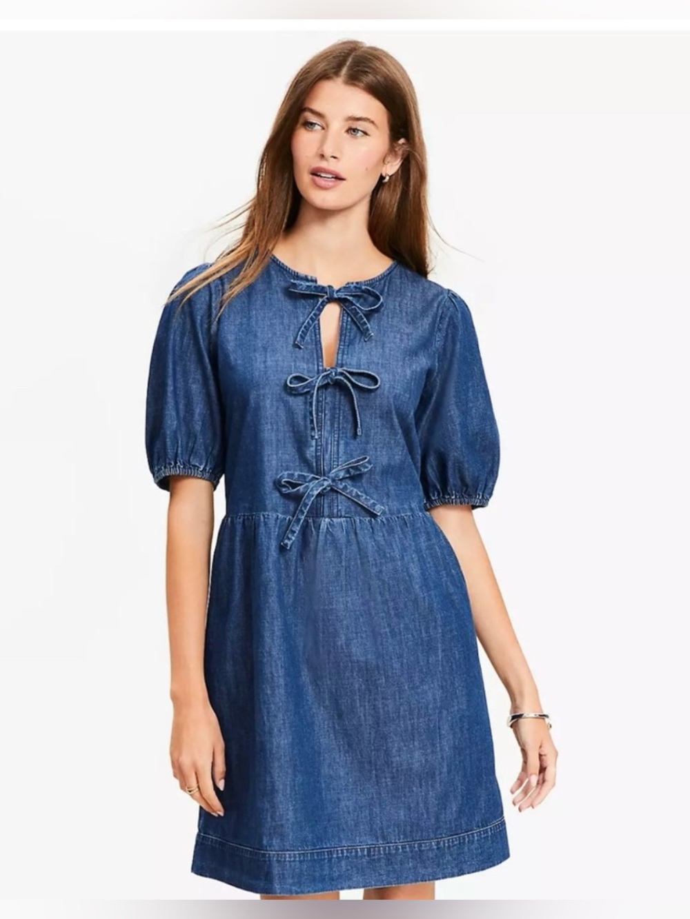 LOFT Denim Blue Mini Dress with Bow Accents Pockets Size L
